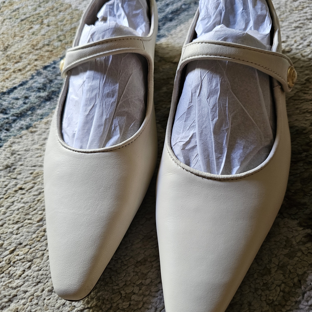 Sam Edelman Cream Pointed Mary Jane Flats with Gold Accent